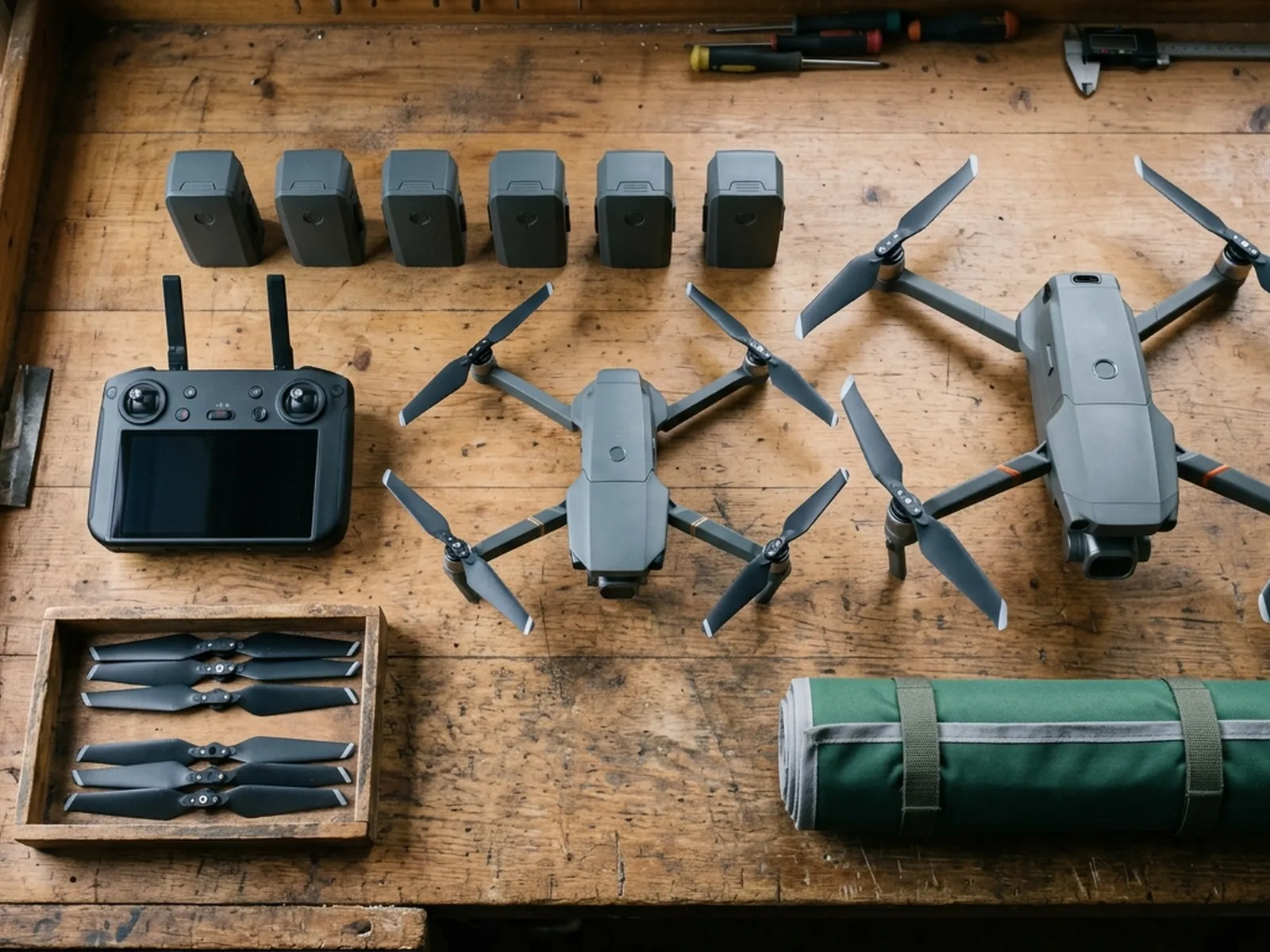 Two folding survey quadcopters, a controller, six batteries, spare propellers and a rolled landing mat laid out in rows on a scrubbed wooden workbench