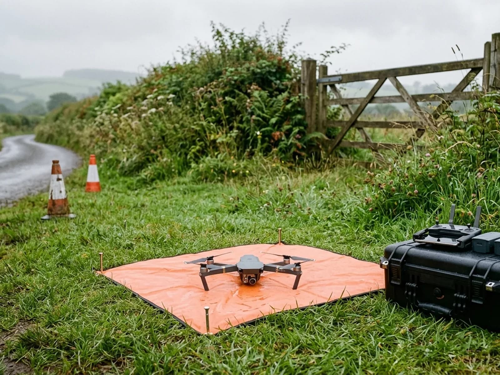 A drone take off point on a grass verge beside a Devon lane, with an orange landing mat pegged flat, a quadcopter on it, and a controller and two batteries on a closed flight case