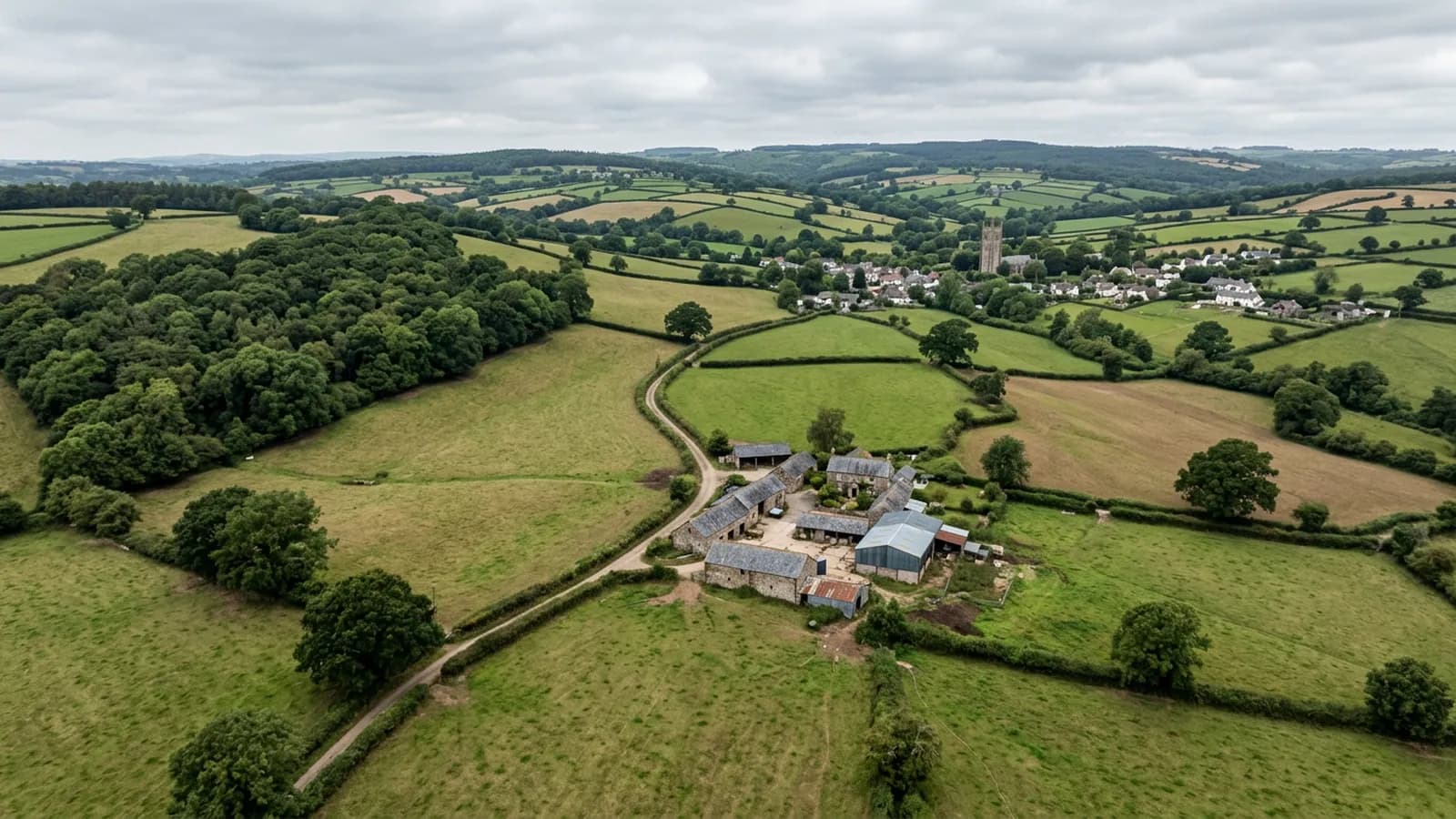 Rolling mid Devon farmland from above, small irregular fields divided by thick hedgebanks and mature oaks with a farm track running to a group of stone and metal buildings
