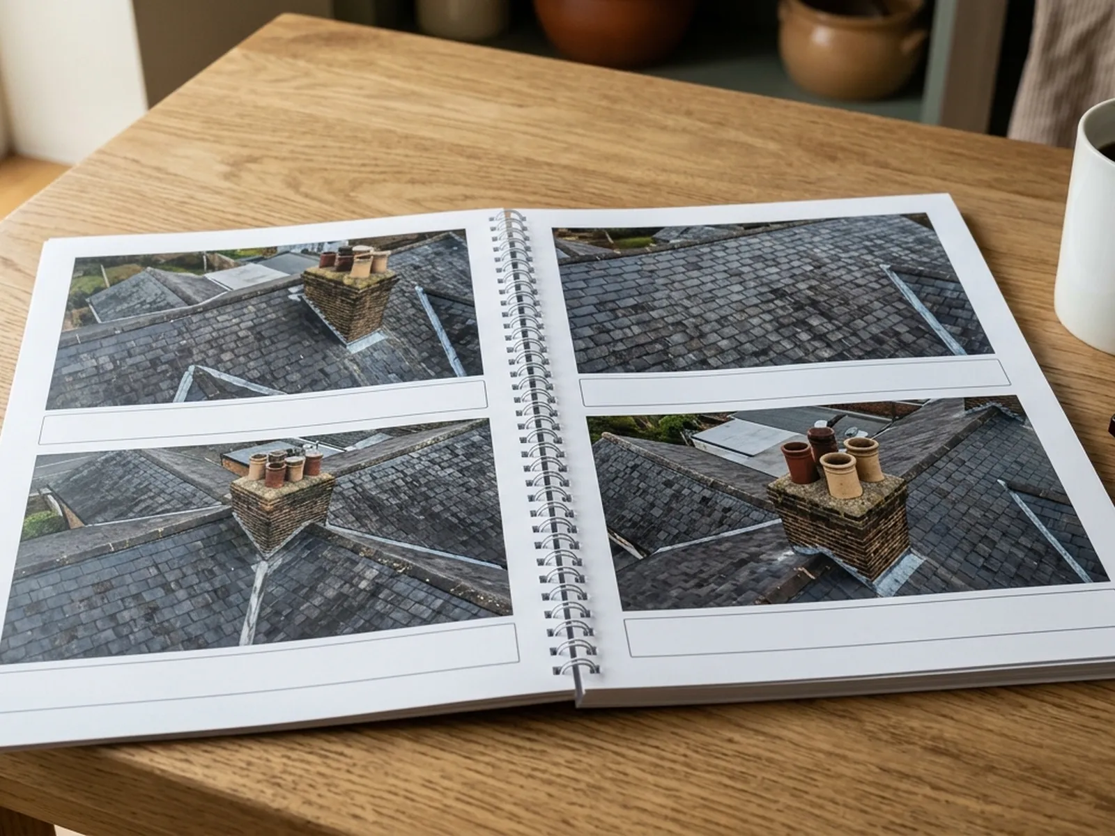 A printed survey report open on a kitchen table showing large aerial photographs of a slate roof and a chimney stack laid out in a grid, with reading glasses and a mug beside it