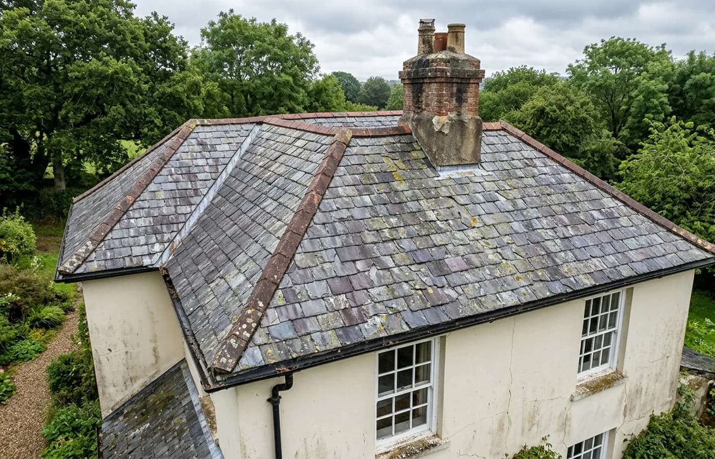 Aerial view of a Devon house roof from twenty metres at a three quarter angle, showing ridge tiles, a brick chimney with weathered flaunching, a lead lined valley and cracked slates with lichen